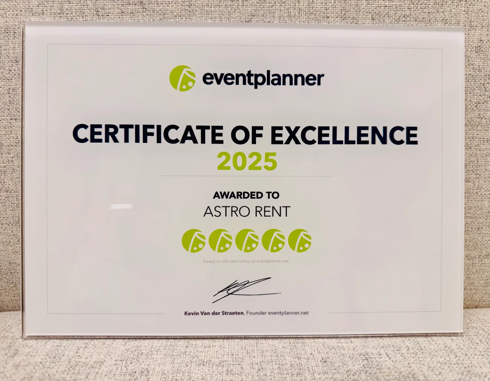 Astro Rent erkend met het 'Certificate of Excellence'